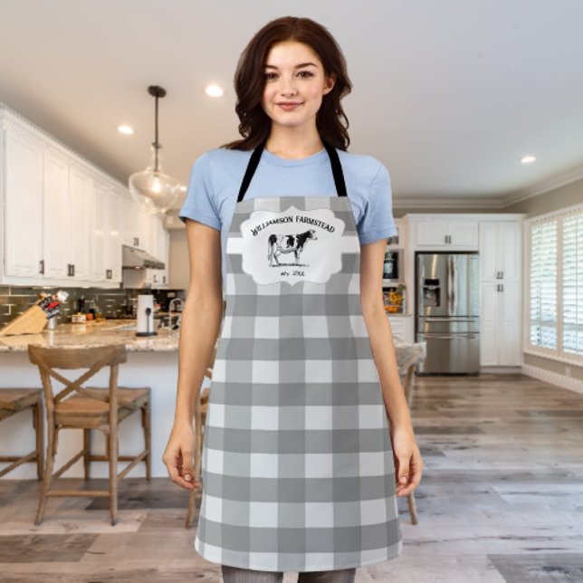 Grey Buffalo Plaid Farm Cow Apron (Gray Buffalo Plaid Farm Cow Personalized Apron)