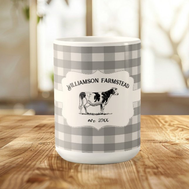 Grey Buffalo Plaid Farm Cow Coffee Mug (Gray Buffalo Plaid Farm Cow Coffee Mug)