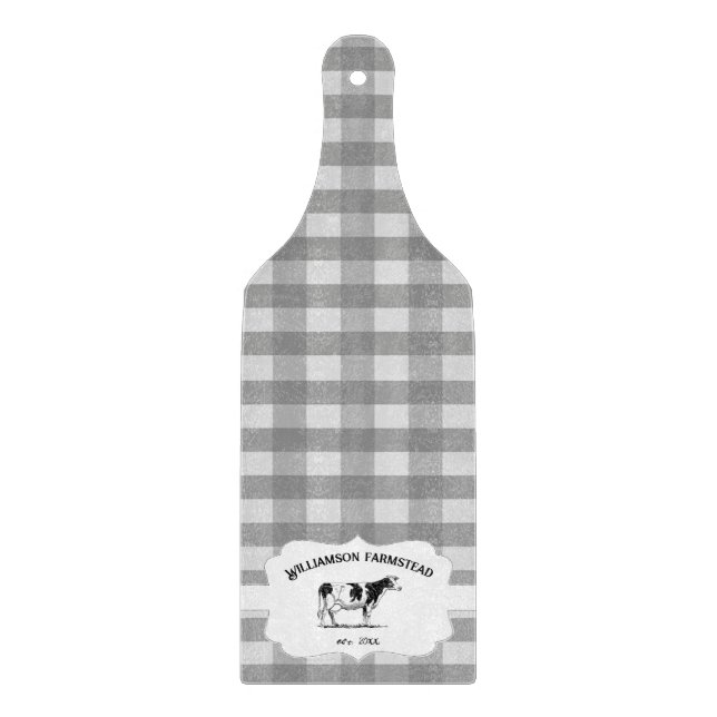 Grey Buffalo Plaid Farm Cow Cutting Board (Front)