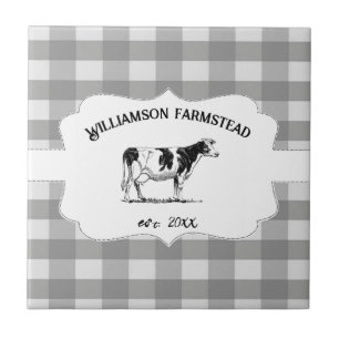 Grey Buffalo Plaid Farm Cow Decorative Ceramic Tile