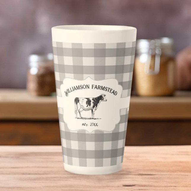 Grey Buffalo Plaid Farm Cow Latte Mug (Gray Buffalo Plaid Farm Cow Latte Mug)
