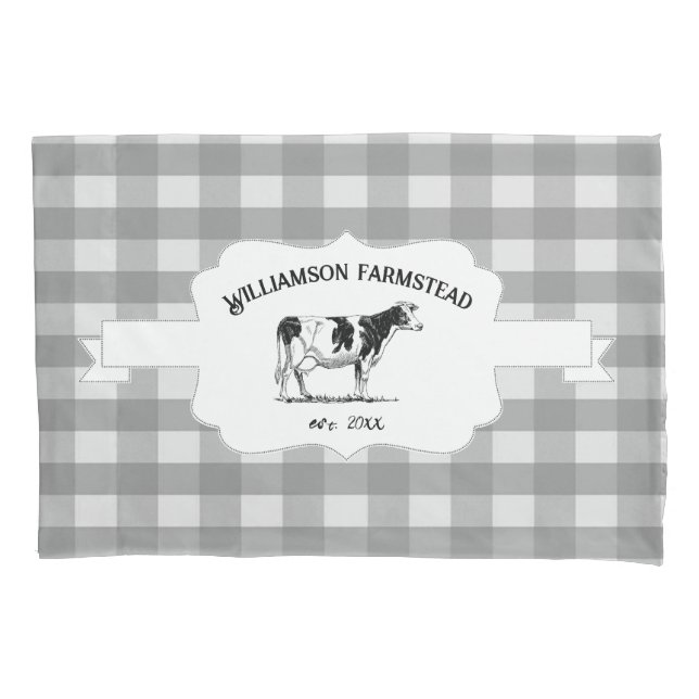 Grey Buffalo Plaid Farm Cow Pillow Case (Front)