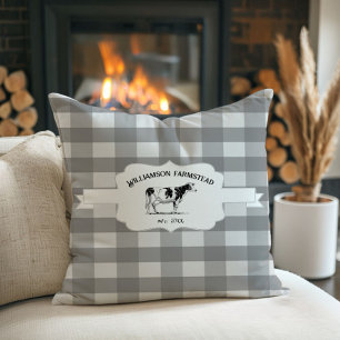 Grey Buffalo Plaid Farm Cow Throw Pillow