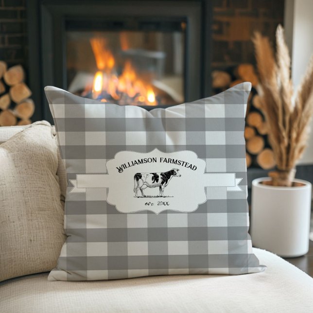 Grey Buffalo Plaid Farm Cow Throw Pillow (Gray Buffalo Plaid Farm Cow Throw Pillow)