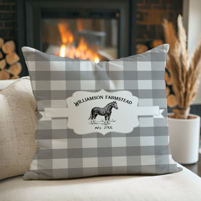 Grey Buffalo Plaid Farm Horse Cushion (Gray Buffalo Plaid Farm Horse Throw Pillow)