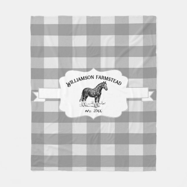 Grey Buffalo Plaid Farm Horse Fleece Blanket (Front)