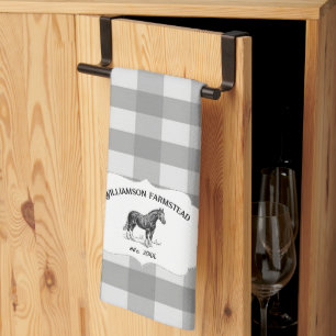 Grey Buffalo Plaid Farm Horse Kitchen Towel