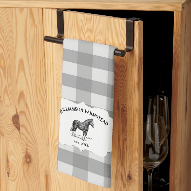 Grey Buffalo Plaid Farm Horse Kitchen Towel (Thirds Fold)