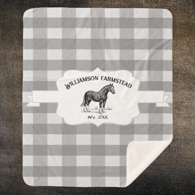 Grey Buffalo Plaid Farm Horse Sherpa Blanket (Gray Buffalo Plaid Farm Horse Personalized Sherpa Blanket)