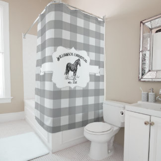 Grey Buffalo Plaid Farm Horse Shower Curtain