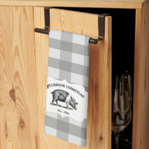 Grey Buffalo Plaid Farm Pig Kitchen Towel