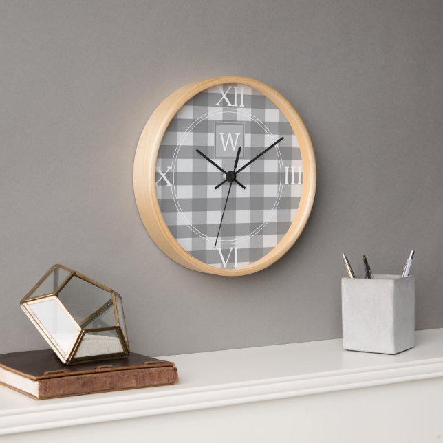 Grey Buffalo Plaid Monogram Clock (Office)