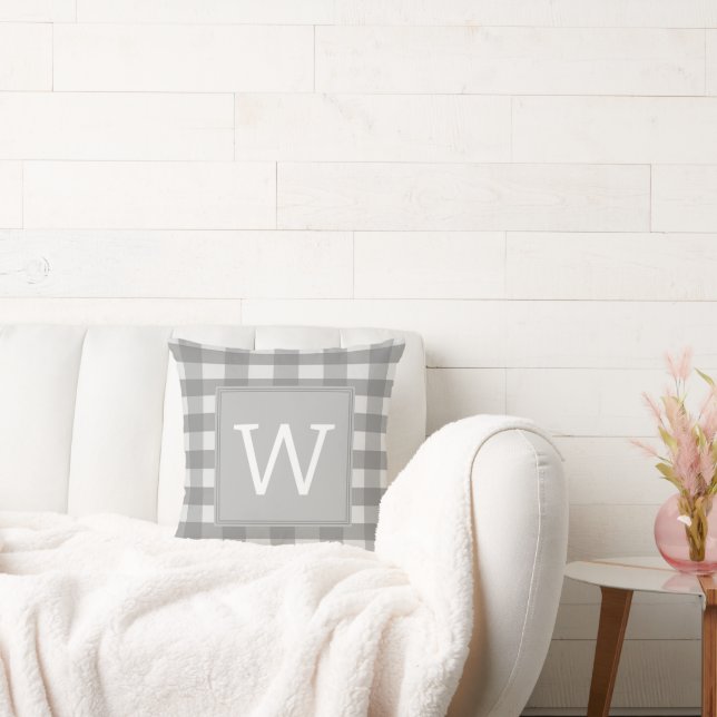 Grey Buffalo Plaid Monogram Throw Pillow (Couch)