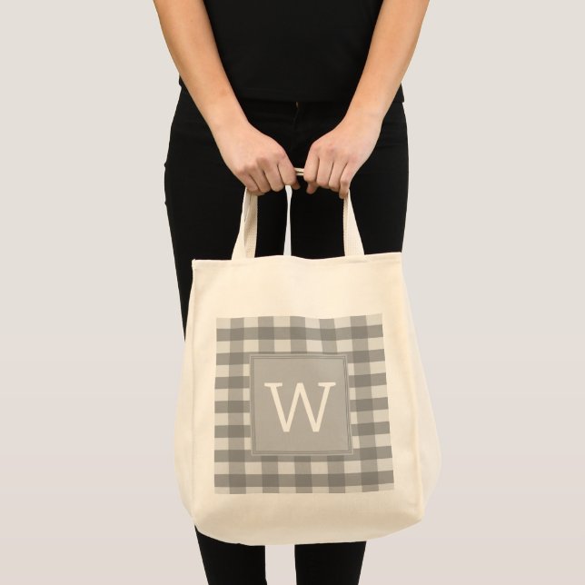 Grey Buffalo Plaid Monogram Tote Bag (Front (Product))