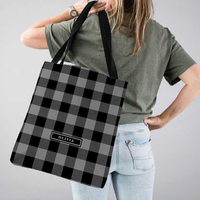 Grey Buffalo Plaid Pattern Monogrammed Bridesmaid Tote Bag (Creator Uploaded)
