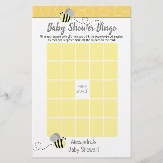 Grey Bumble Bee Baby Shower Bingo Game (Front)