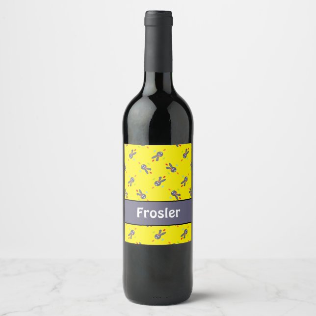 Grey bunnies on yellow  wine label (Front)