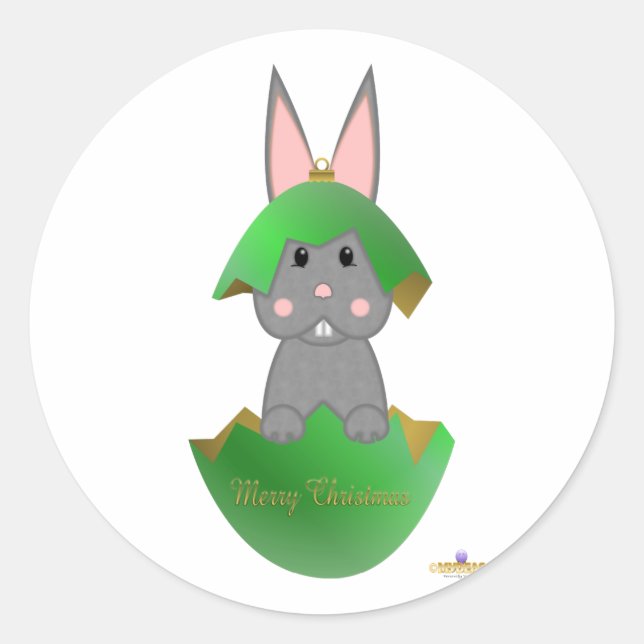 Grey Bunny Green Christmas Ornament Merry Christma Classic Round Sticker (Front)
