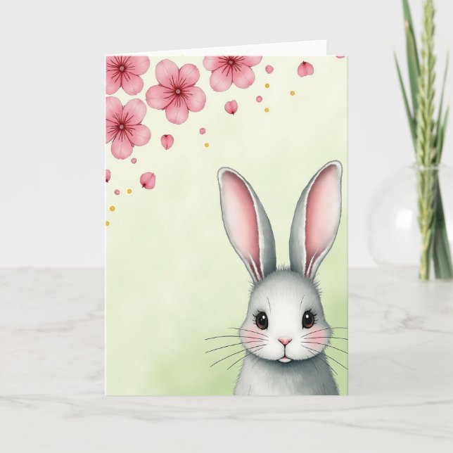 Grey Bunny Pink Petals Card (Front)
