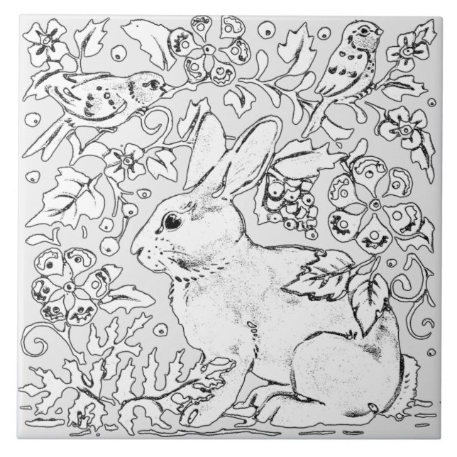 Grey Bunny Rabbit Bird Floral Drawing Artistic Ceramic Tile (Front)