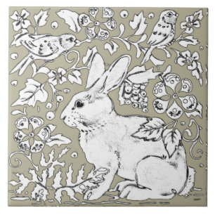 Grey Bunny Rabbit Bird Floral Sketch Drawing Ceramic Tile