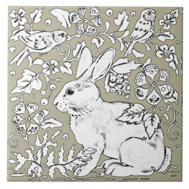 Grey Bunny Rabbit Bird Floral Sketch Drawing Ceramic Tile (Front)