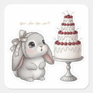 Grey Bunny & Wedding Cake - Cherry Dream Kawaii  Square Sticker