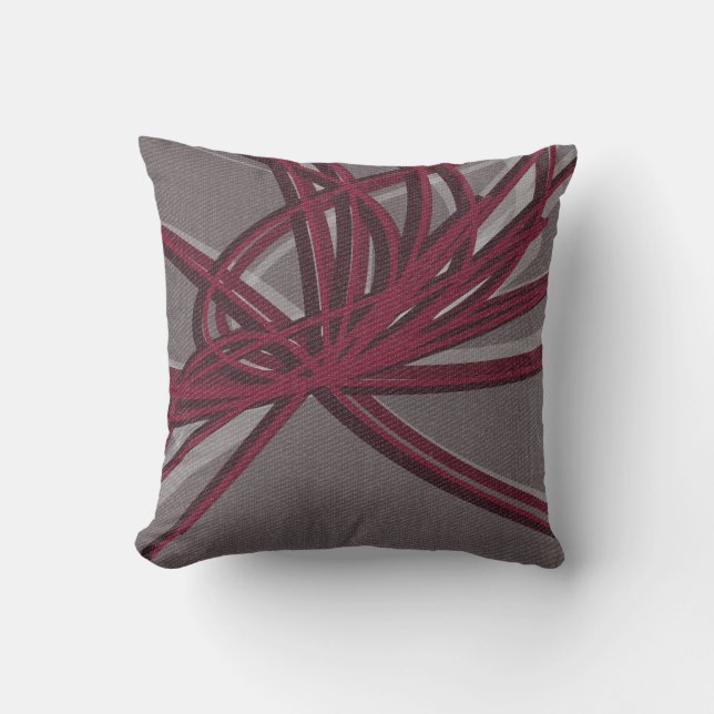 Grey & Burgundy Abstract Ribbon Fabric Texture Cushion (Front)