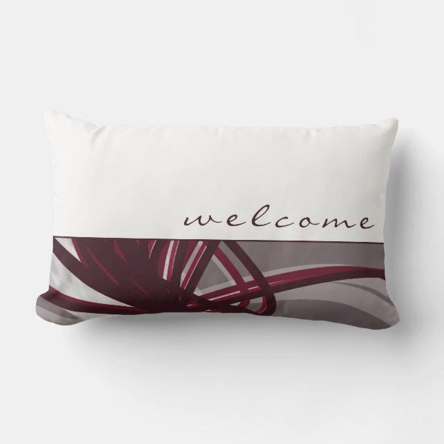 Grey & Burgundy Abstract Ribbons | White | Welcome Lumbar Cushion (Front)