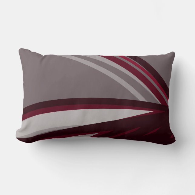 Grey & Burgundy Artistic Abstract Linear Design Lumbar Cushion (Front)