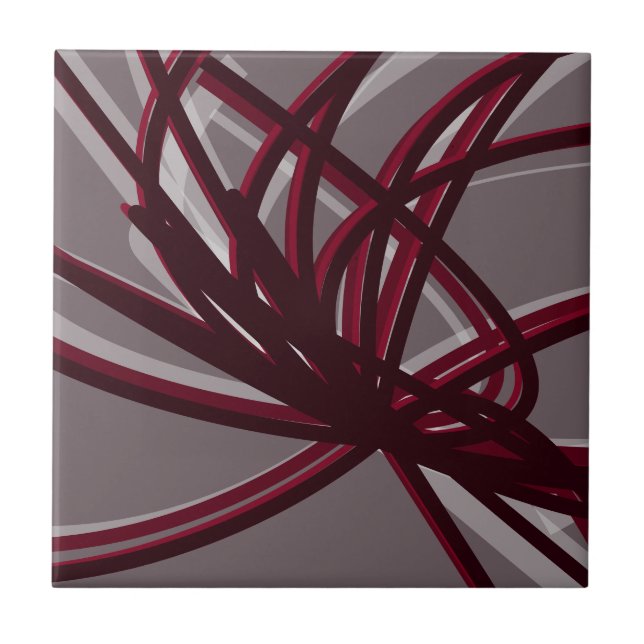 Grey & Burgundy Artistic Abstract Ribbon Ceramic Tile (Front)