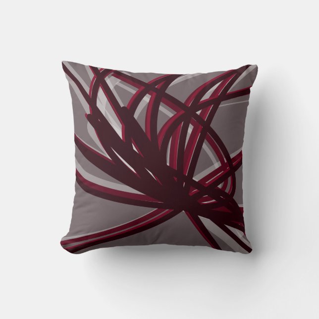 Grey & Burgundy Artistic Abstract Ribbons Cushion (Front)