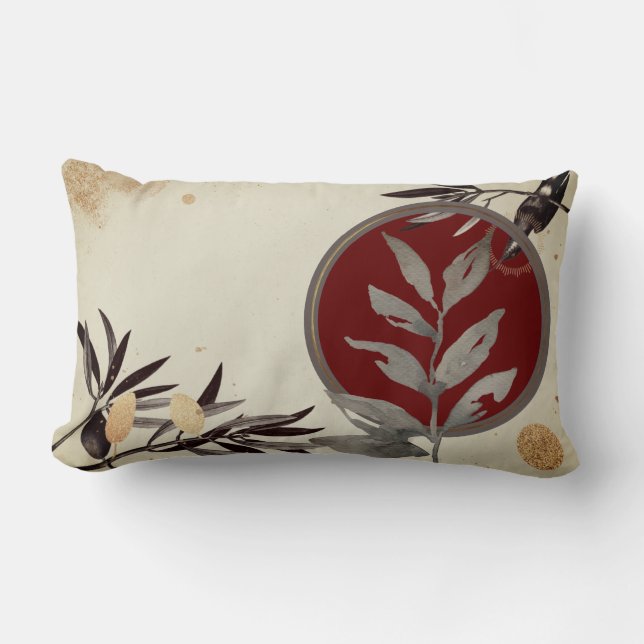 Grey Burgundy Cream Artistic Abstract Watercolor Lumbar Cushion (Front)