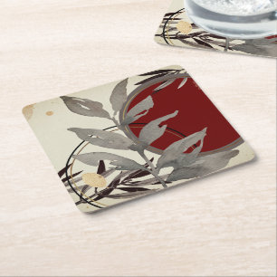 Grey Burgundy & Cream Artistic Abstract Watercolor Square Paper Coaster