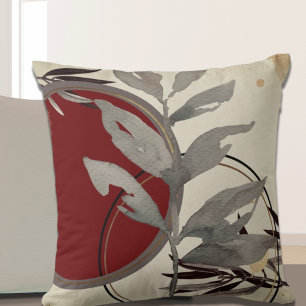Grey Burgundy & Cream Artistic Watercolor Leaves Cushion