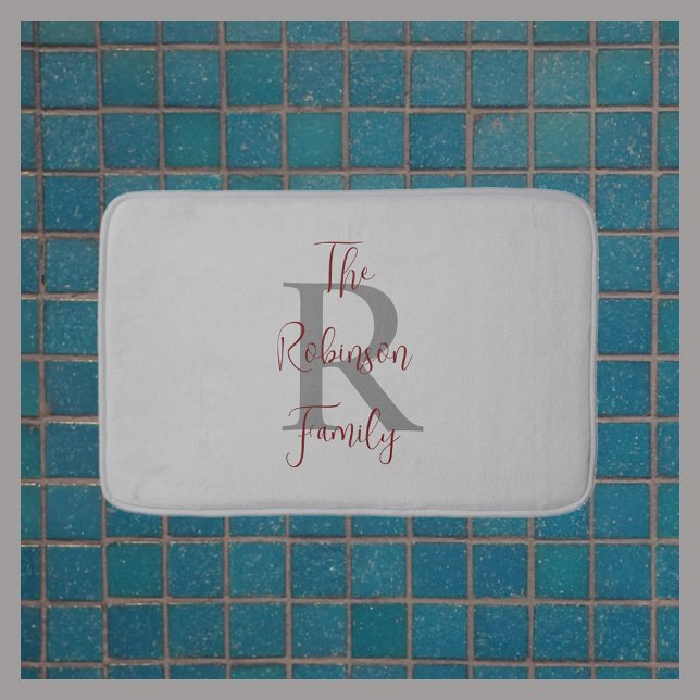 Grey Burgundy Family Name Classic Monogrammed  Bath Mat (Creator Uploaded)