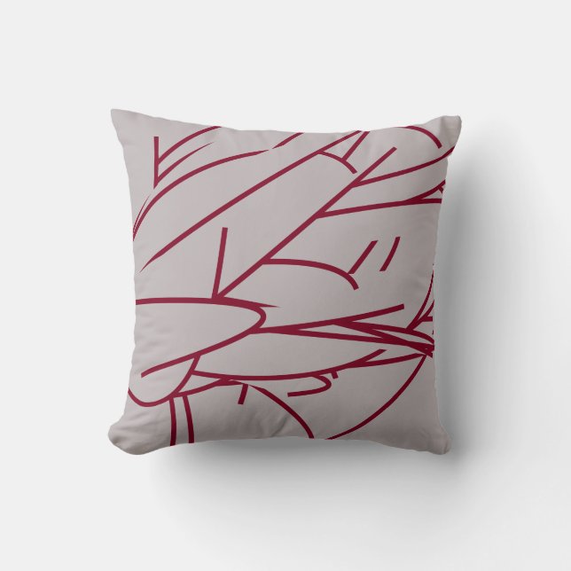 Grey & Burgundy Modern Elegant Abstract Feather Cushion (Front)
