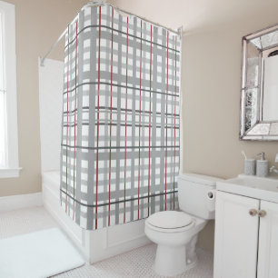 Grey Burgundy Plaid Stripes Pattern Shower Curtain
