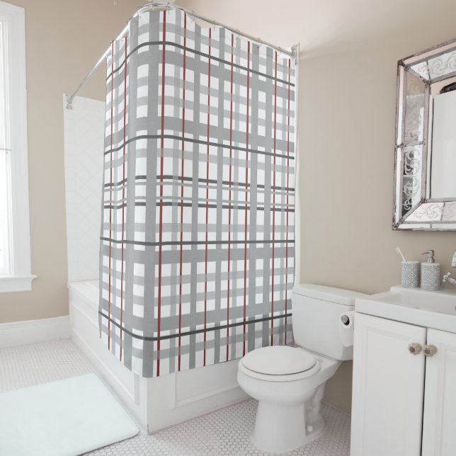 Grey Burgundy Plaid Stripes Pattern Shower Curtain (In Situ)
