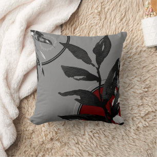 Grey Burgundy Red & Black Watercolor Botanical Cushion