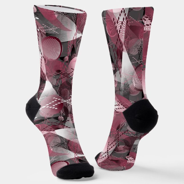 Grey, Burgundy, white abstract pattern. Socks (Angled)