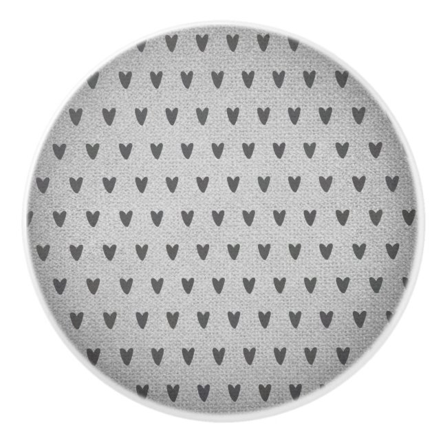 Grey Burlap Whimsical Hearts Rustic Farmhouse Ceramic Knob (Front)