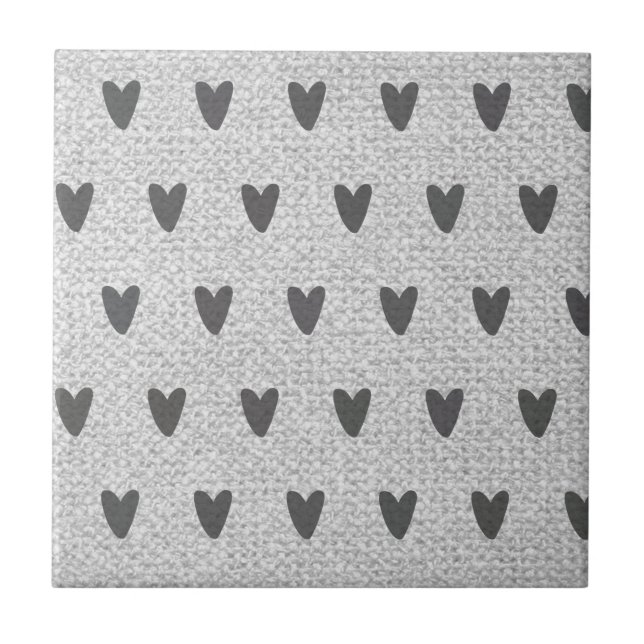 Grey Burlap Whimsical Hearts Rustic Farmhouse Ceramic Tile (Front)