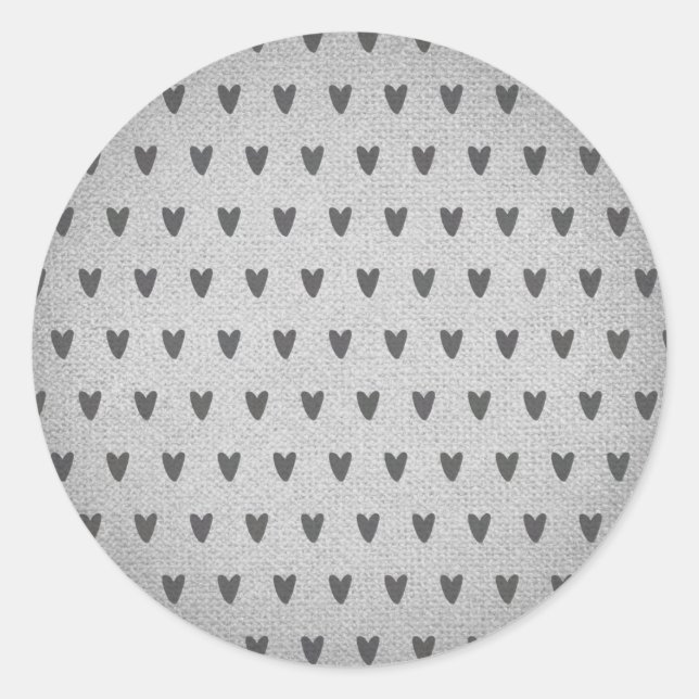 Grey Burlap Whimsical Hearts Rustic Farmhouse Classic Round Sticker (Front)