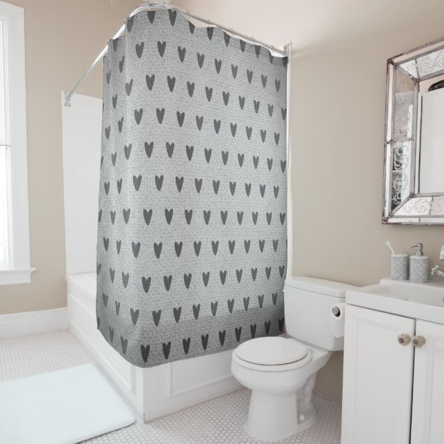 Grey Burlap Whimsical Hearts Rustic Farmhouse Shower Curtain (In Situ)