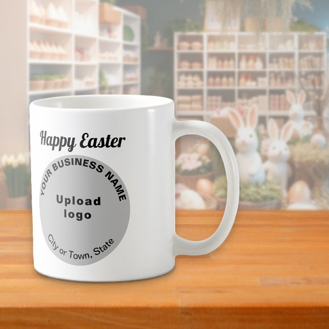 Grey Business Brand | Easter | Mug (Mug with Easter greeting and gray round shape business brand)