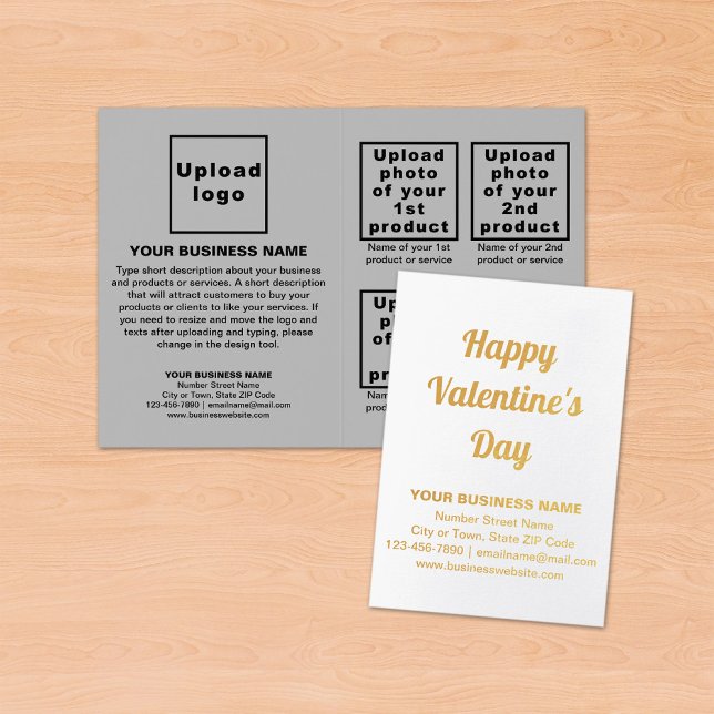 Grey Business Brand on Valentine Foil Card (Gray business brand with products on Valentine folded foil card on table.)