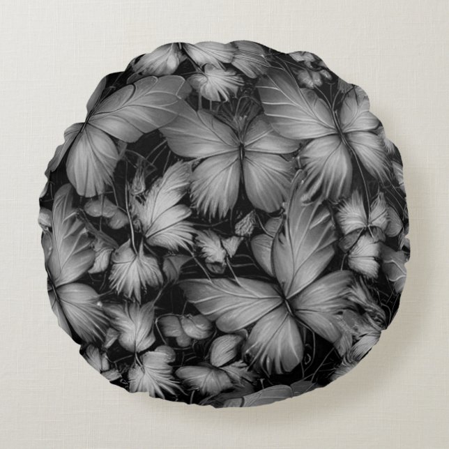 Grey Butterflies Print Round Cushion (Front)