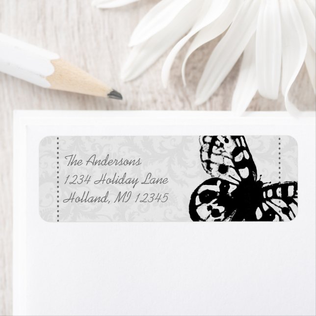 Grey Butterfly Damask Return Address Label (Insitu)