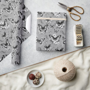 Grey Butterfly Pattern Gift Wrapping Paper